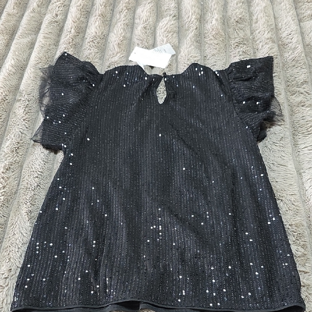 Black Sequin Short Sleeve Top Size L - Picture 11 of 12